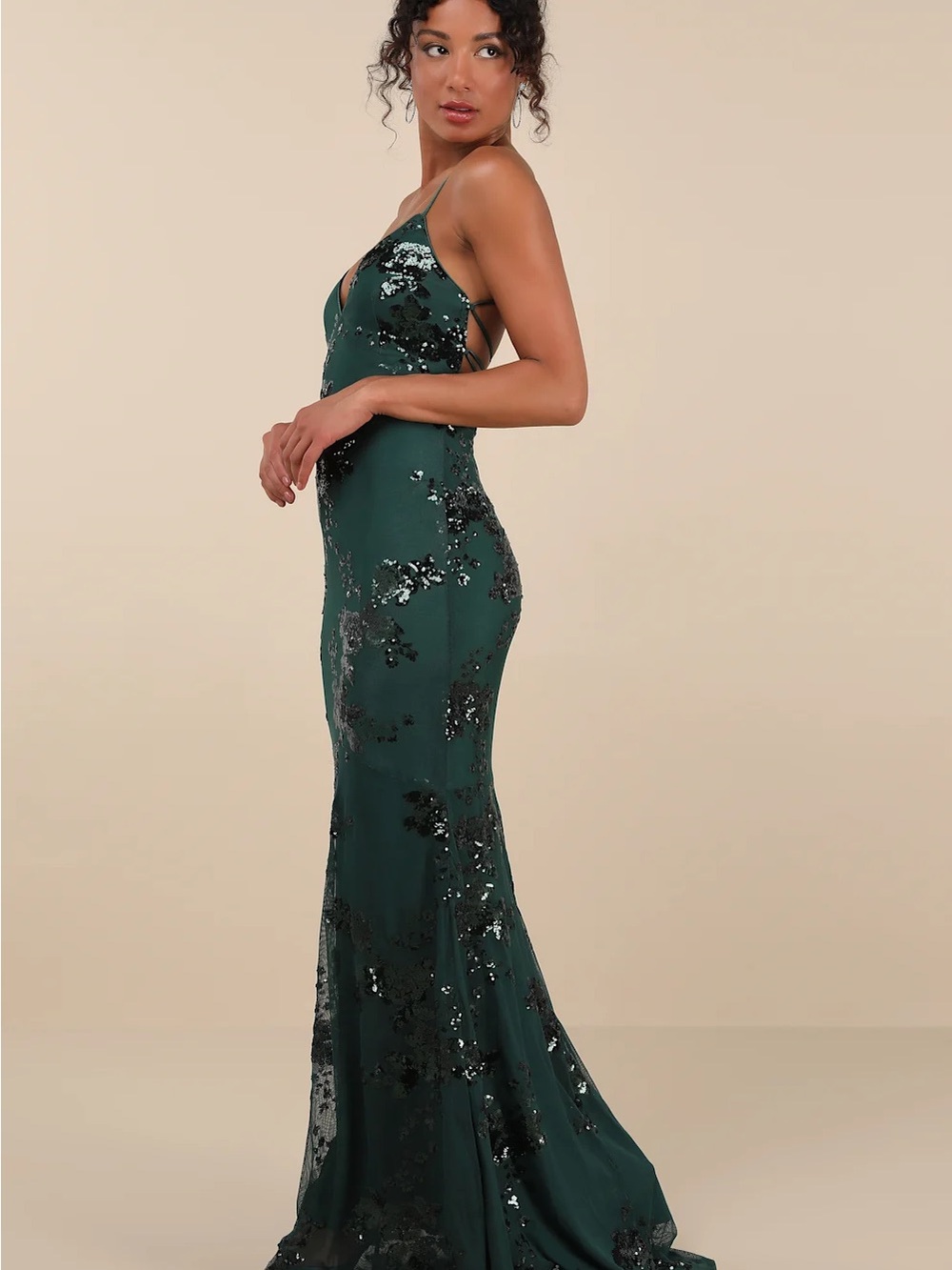 NWT Valhalla Forest Green Sequin Lace-Up Maxi Dress Fitted